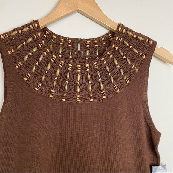 Jones New York brown beaded embellished sleeveless rib knit top boho small NEW - Picture 3 of 10